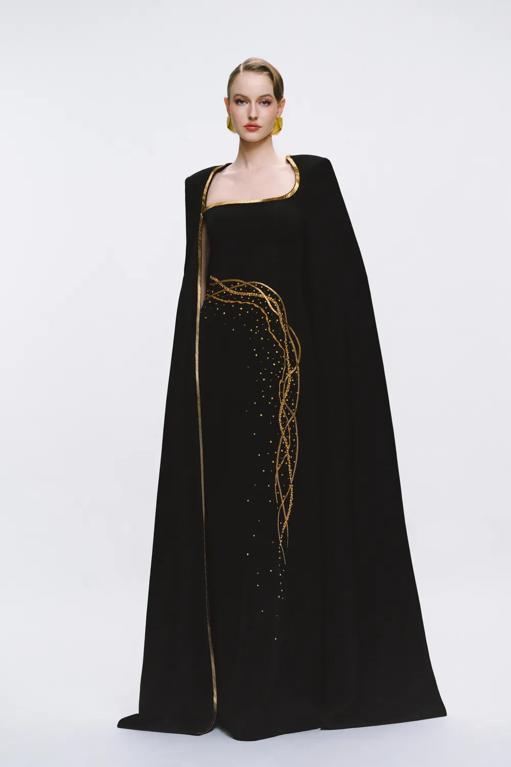Wavy Neckline Shining Bead Line Cape Dress