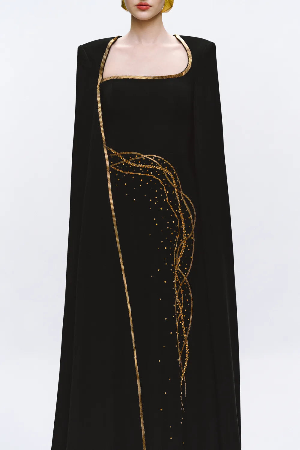 Wavy Neckline Shining Bead Line Cape Dress
