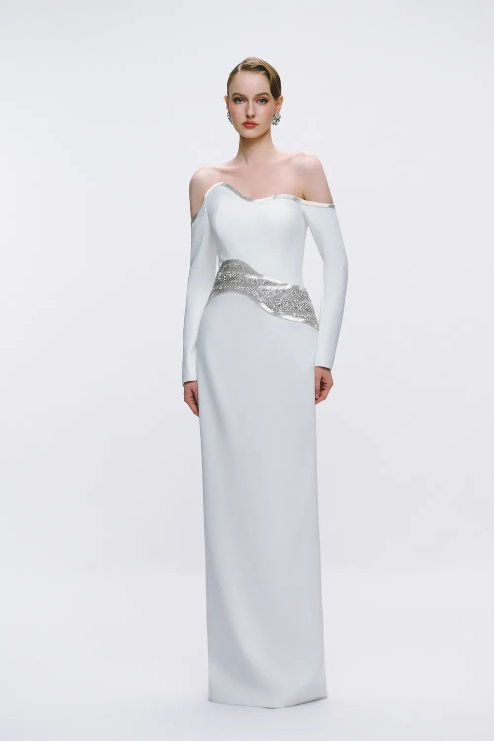 Off Shoulder Wavy Crystal And Bead Embellished Straight Dress