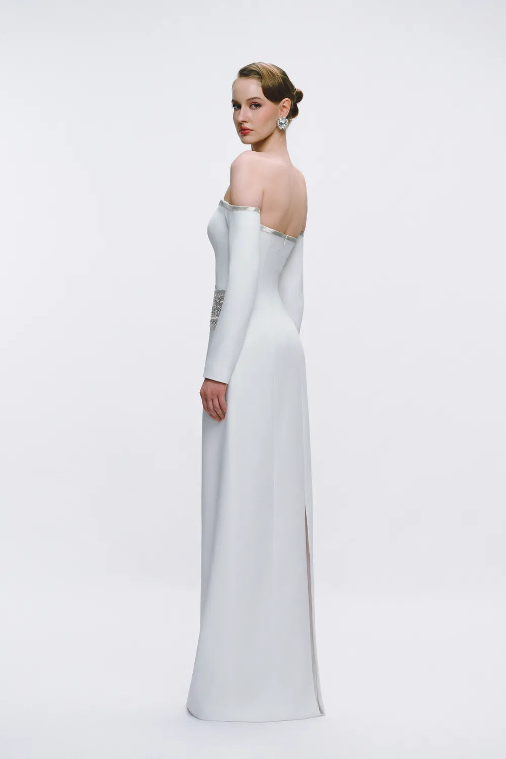 Off Shoulder Wavy Crystal And Bead Embellished Straight Dress
