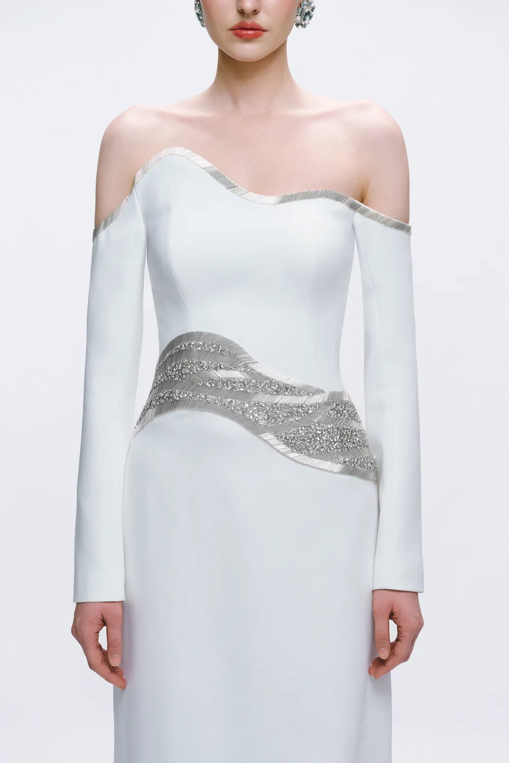 Off Shoulder Wavy Crystal And Bead Embellished Straight Dress