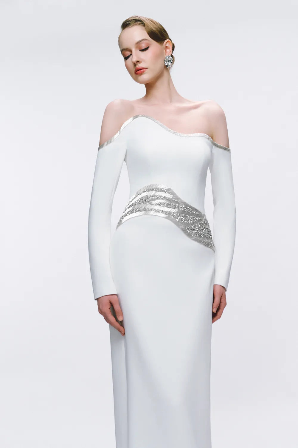 Off Shoulder Wavy Crystal And Bead Embellished Straight Dress