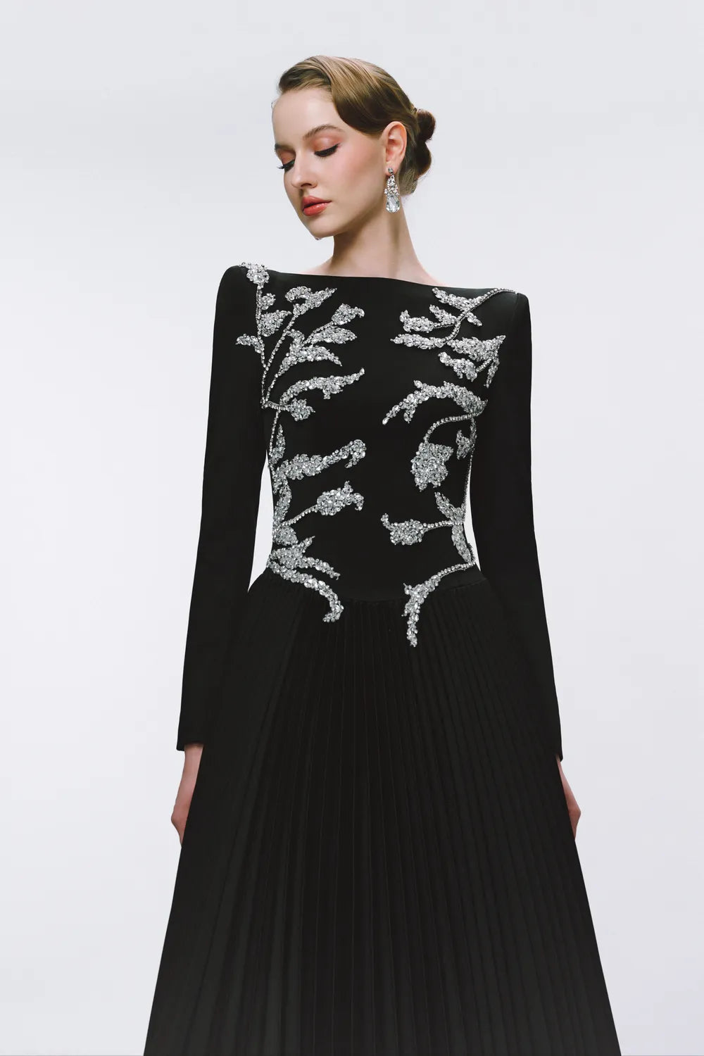 Symmetric Embellished Pleated A-line Dress