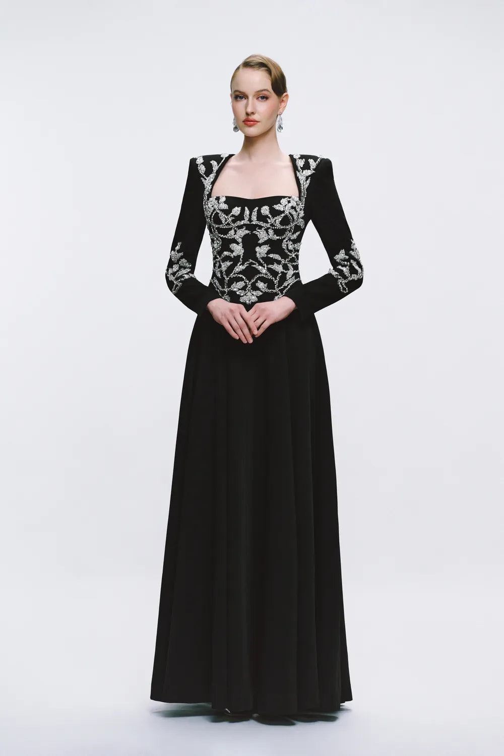 Symmetric Crystal Embellished Long Sleeve Dress