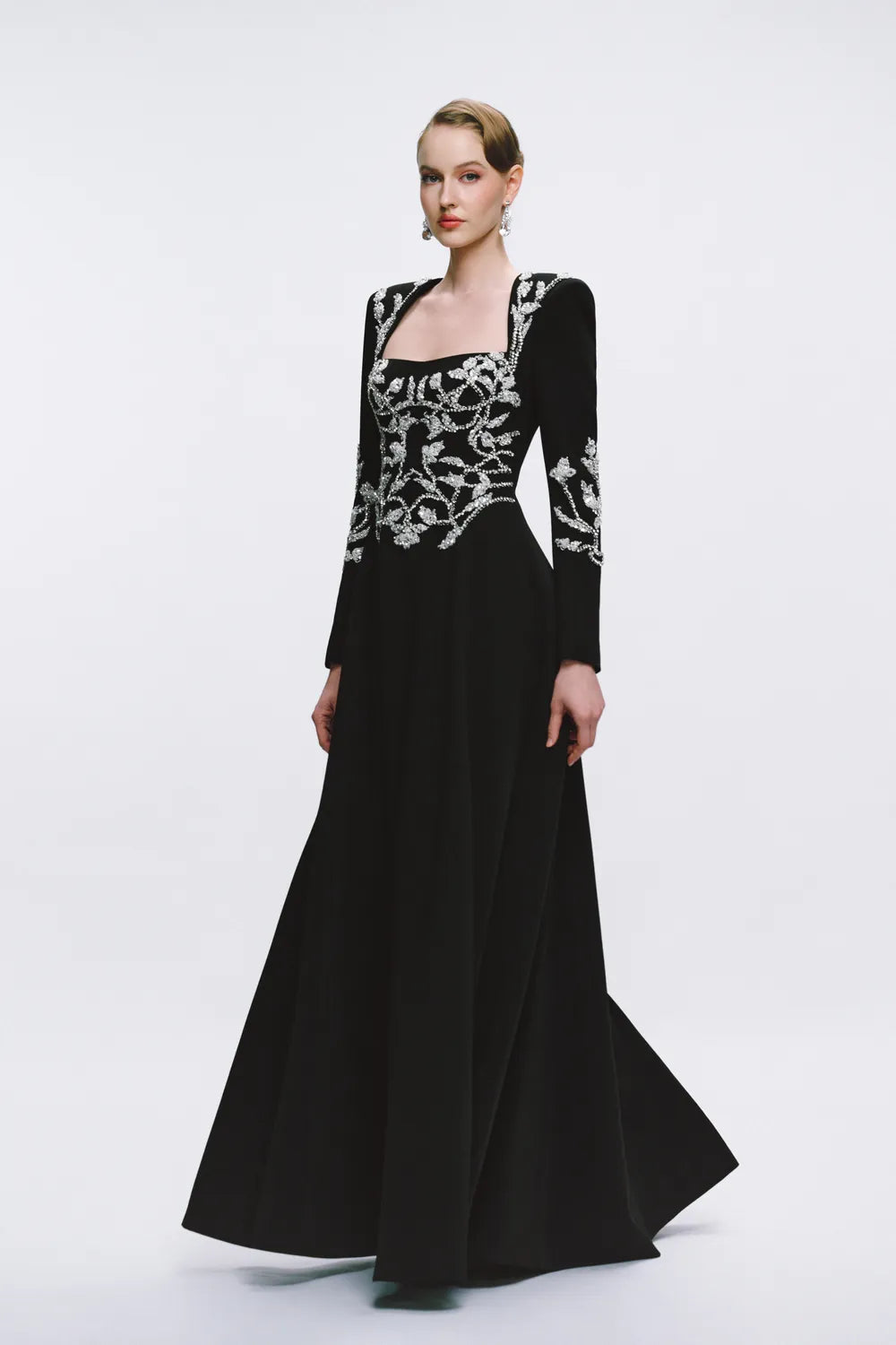 Symmetric Crystal Embellished Long Sleeve Dress