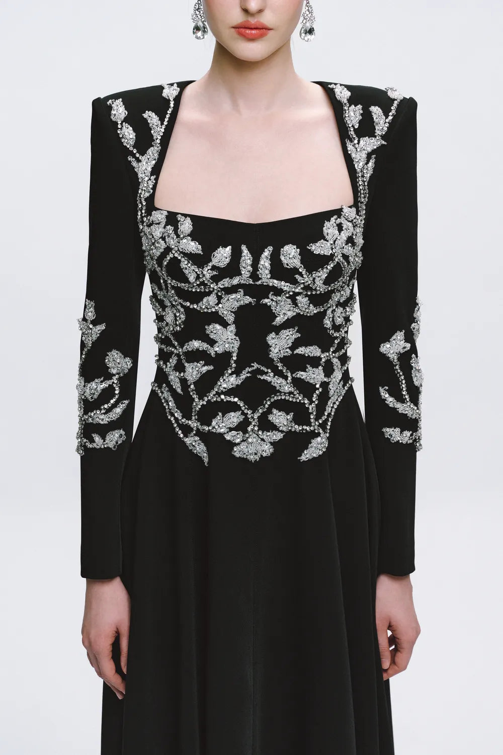 Symmetric Crystal Embellished Long Sleeve Dress