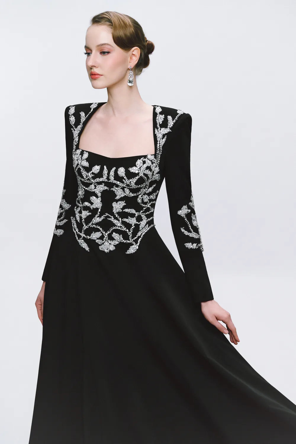 Symmetric Crystal Embellished Long Sleeve Dress