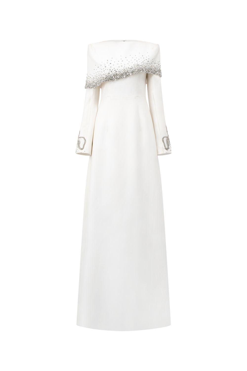 Diagonal Crystal-Embellished Shoulder A-Line Dress