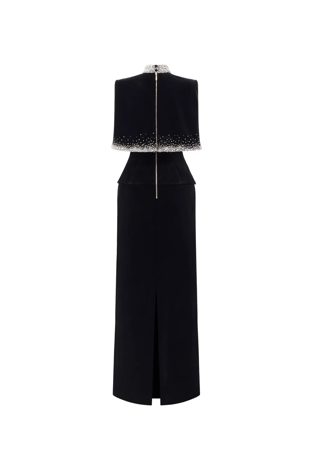 High Neck Curved Cape With Wavy Crystal Embellished Line Dress Set