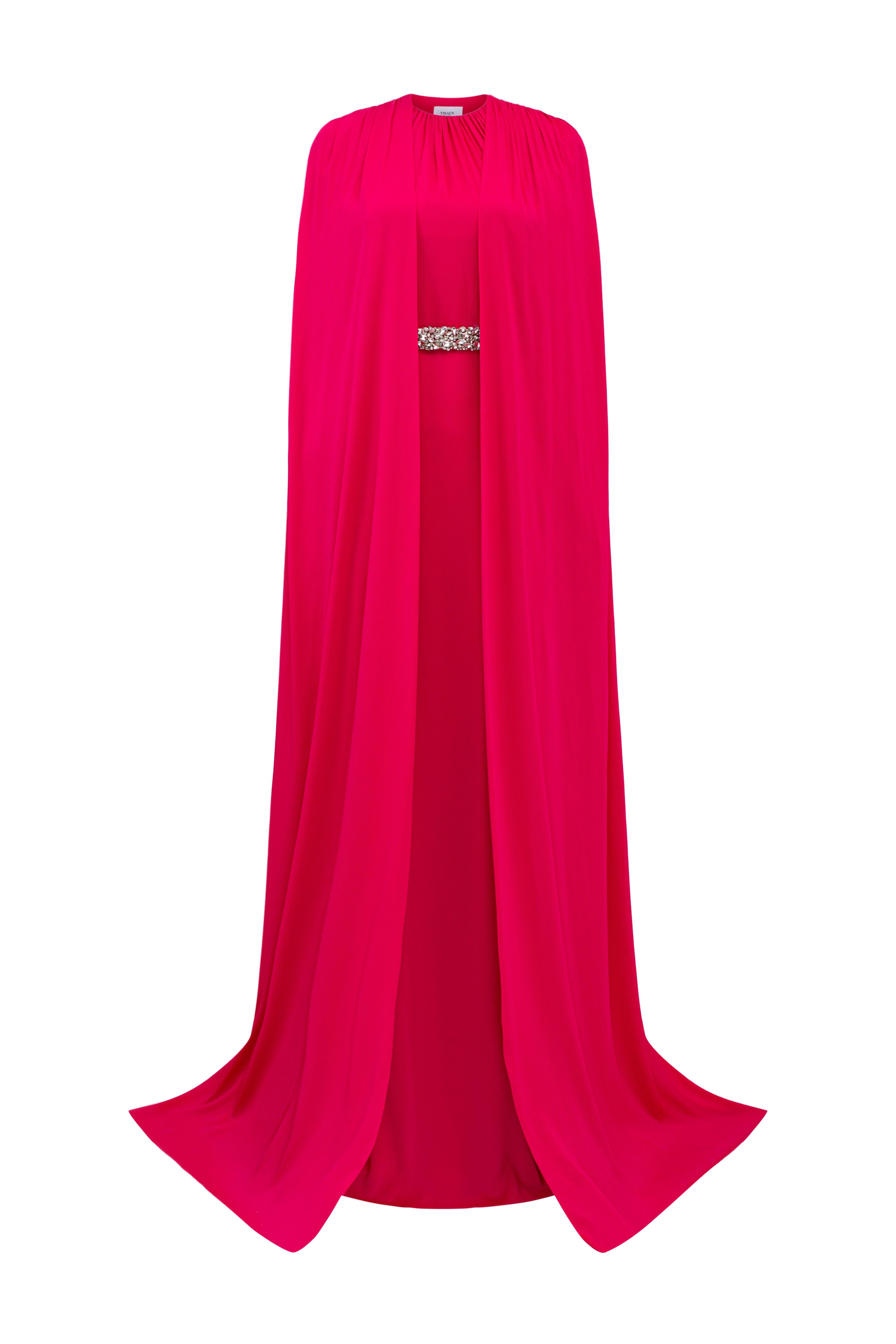 Gathered Long Cape With Gathered Stone Embellished Belt Dress Set - TRACY COUTURE
