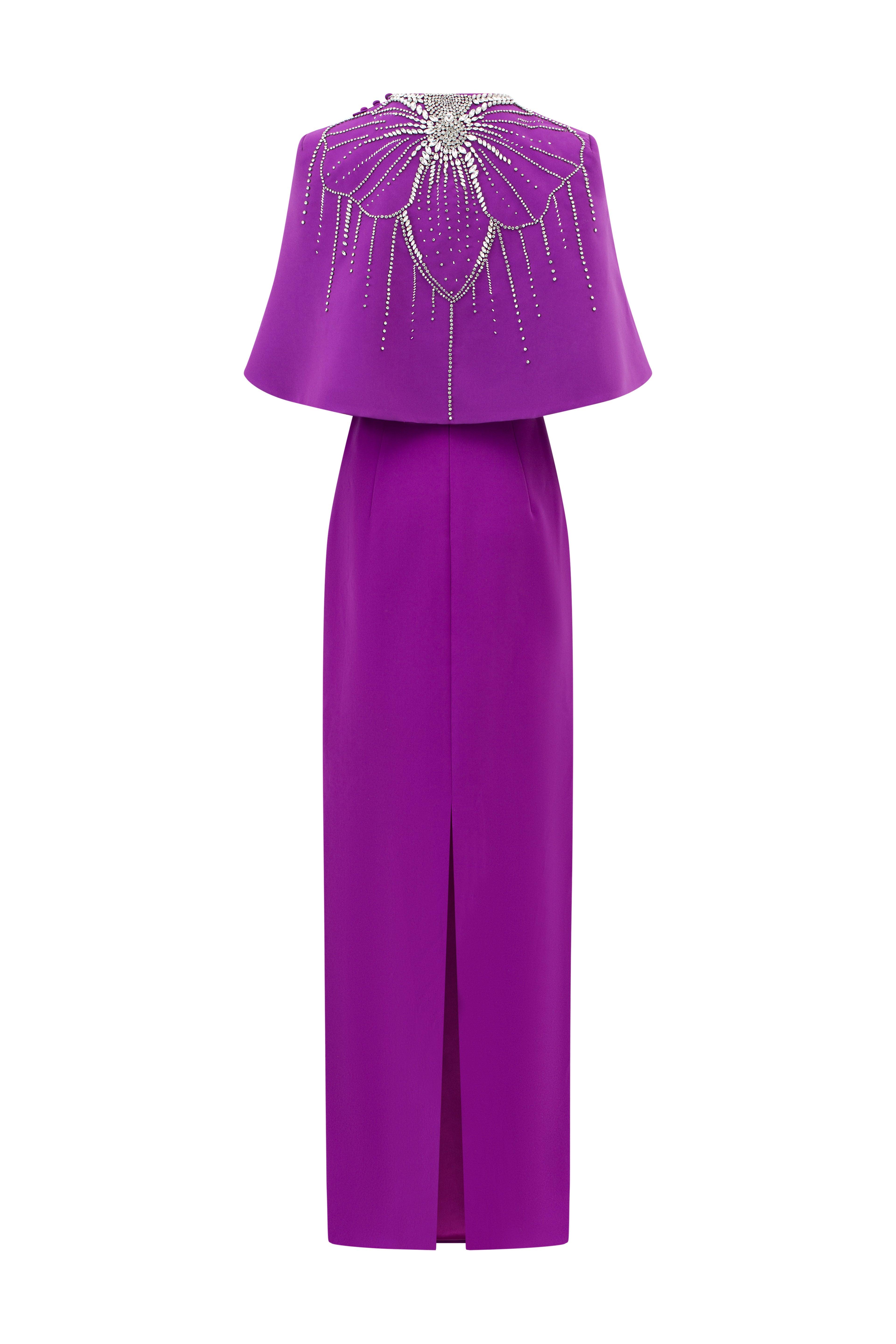 Cross Over Cape With Sides Stone Embellishments Line Dress Set - TRACY COUTURE