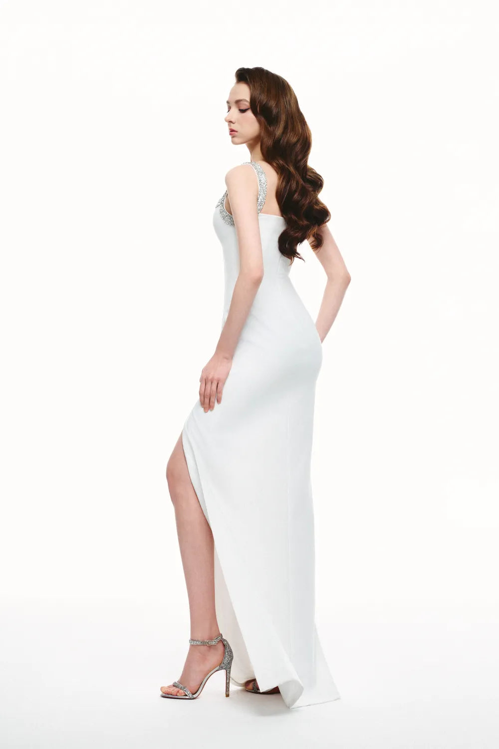 One-Sided Embellished Chest Front Slit Strappy Dress