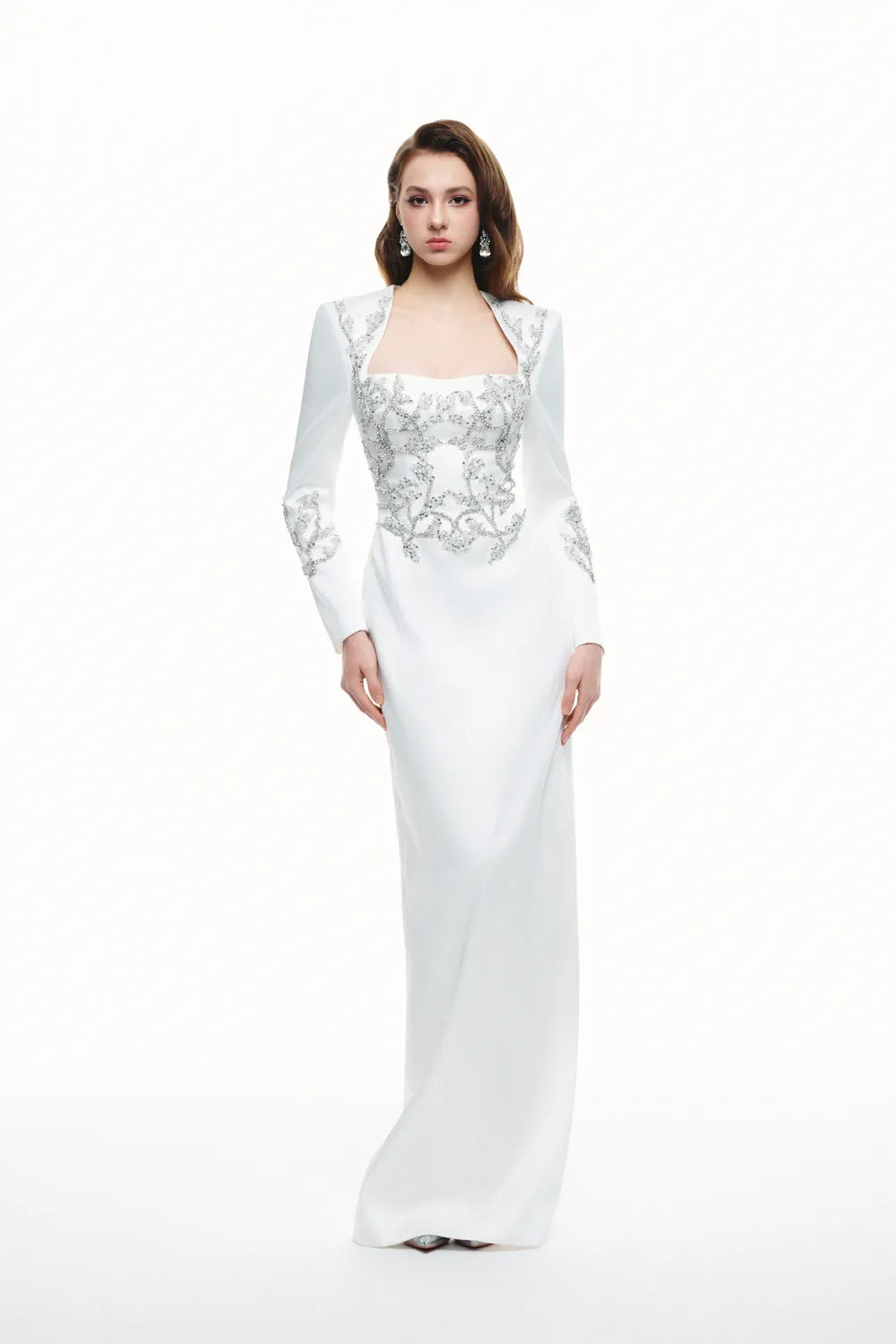 Symmetrical Crystal Embellished Long Sleeve Dress