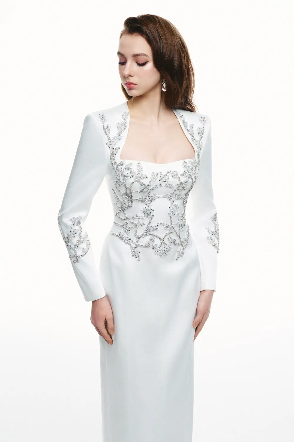 Symmetrical Crystal Embellished Long Sleeve Dress