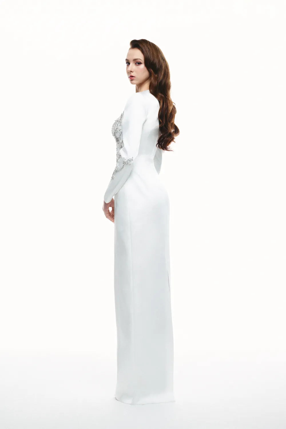 Symmetrical Crystal Embellished Long Sleeve Dress