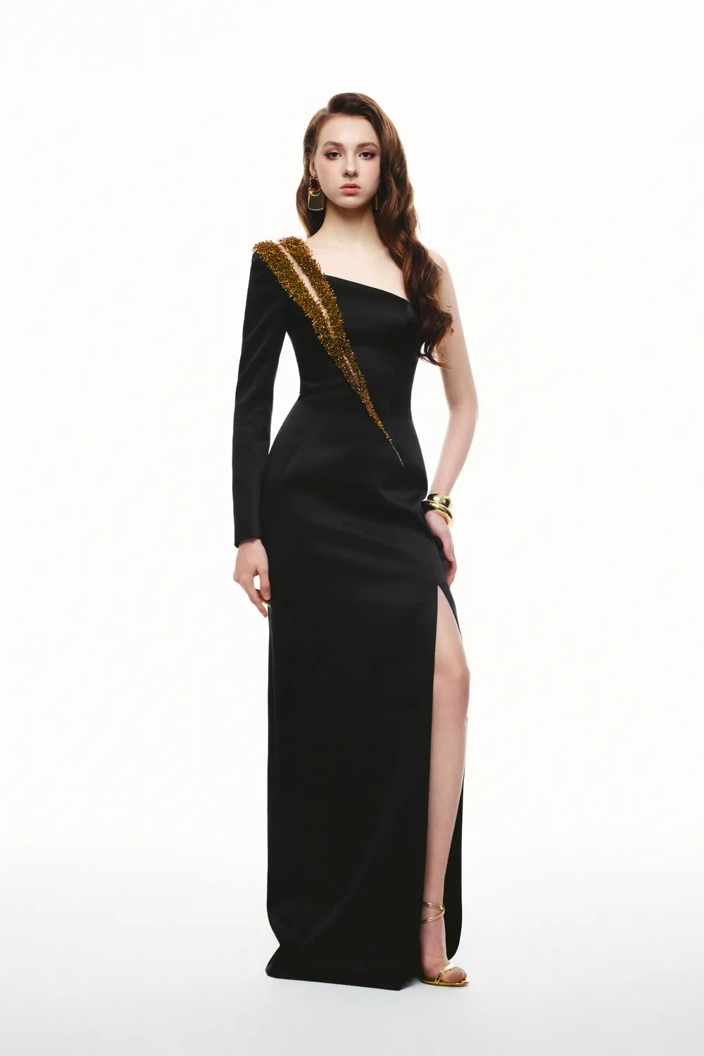 Asymmetric Sleeve Diagonal Bead Embellished Dress