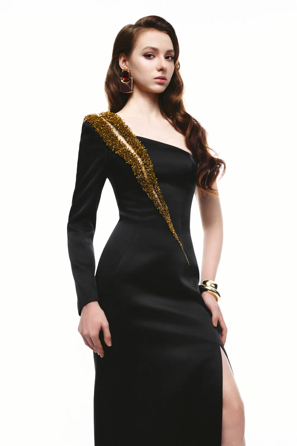 Asymmetric Sleeve Diagonal Bead Embellished Dress
