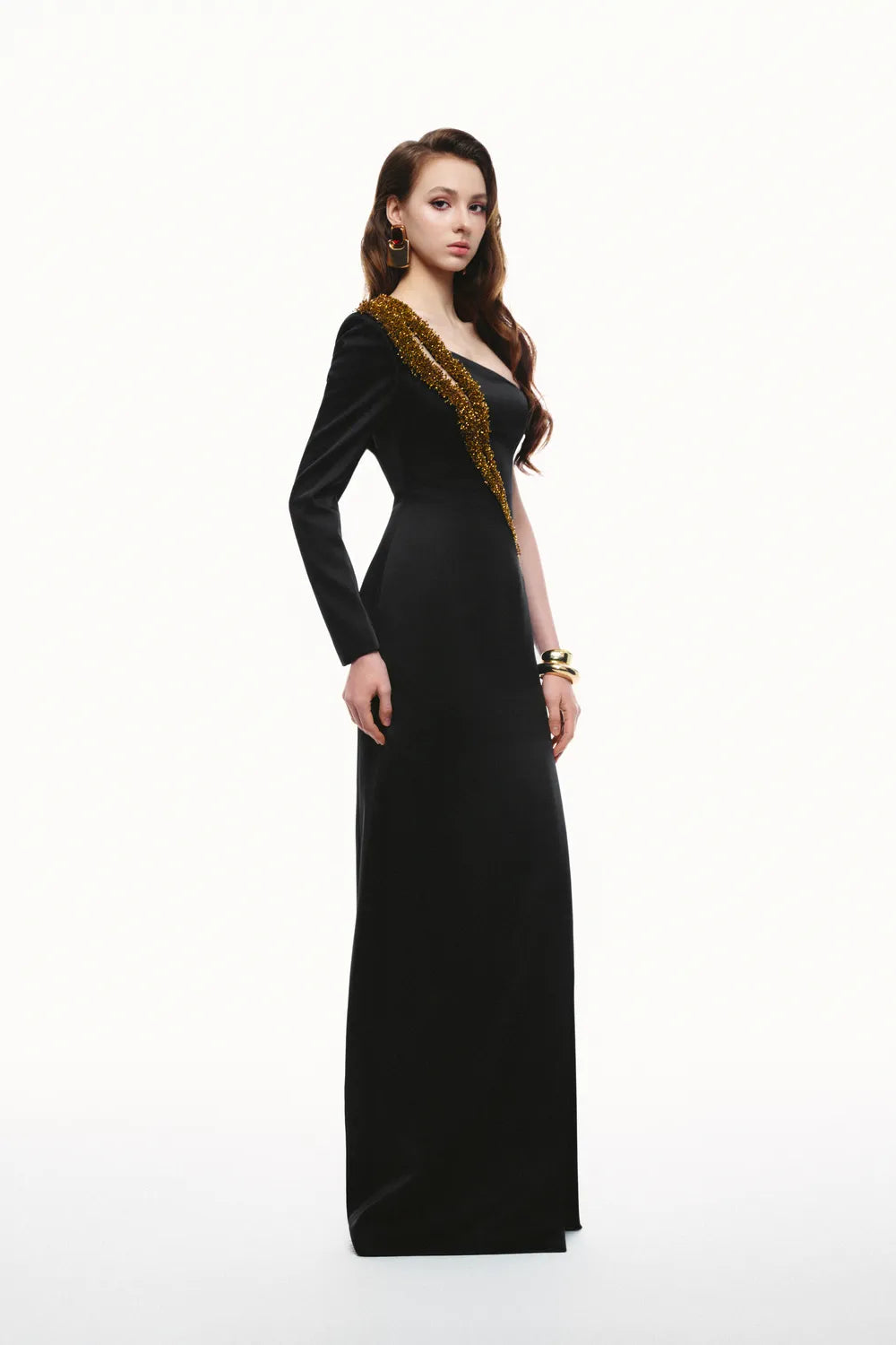 Asymmetric Sleeve Diagonal Bead Embellished Dress