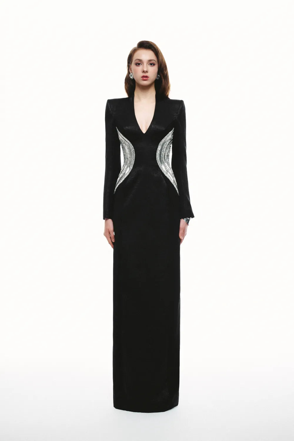Asymmetric Curved Crystal Embellished Fitted Waist Dress