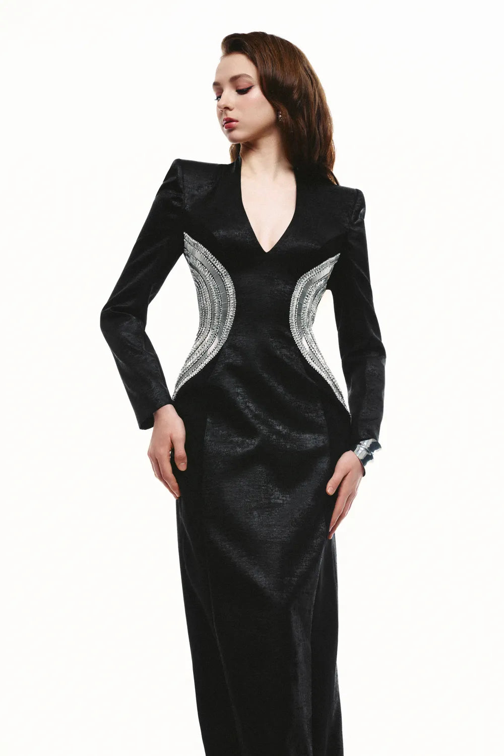 Asymmetric Curved Crystal Embellished Fitted Waist Dress