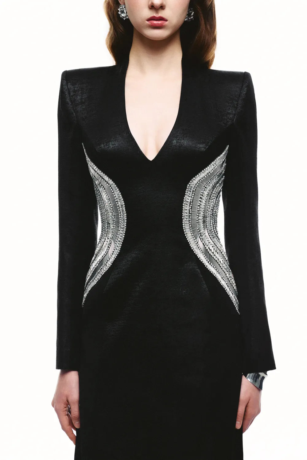 Asymmetric Curved Crystal Embellished Fitted Waist Dress