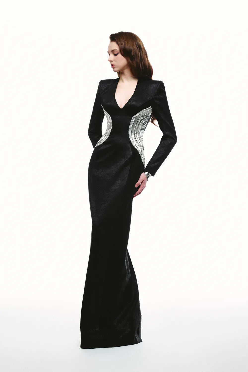 Asymmetric Curved Crystal Embellished Fitted Waist Dress