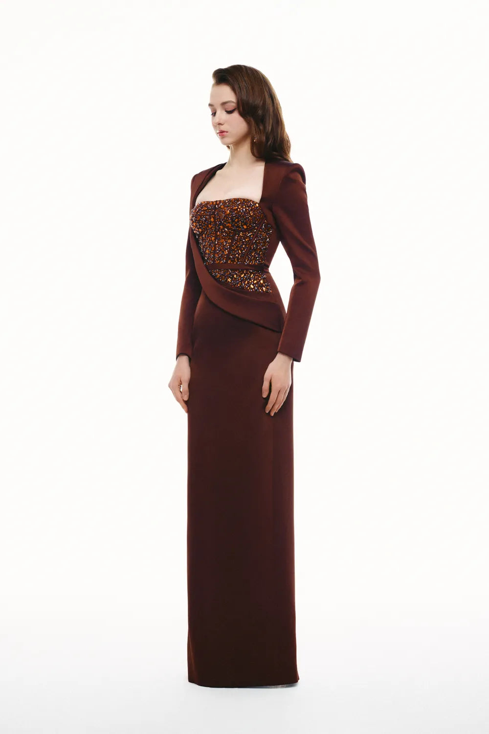 Shining Crystal Embellished Long Sleeve Dress