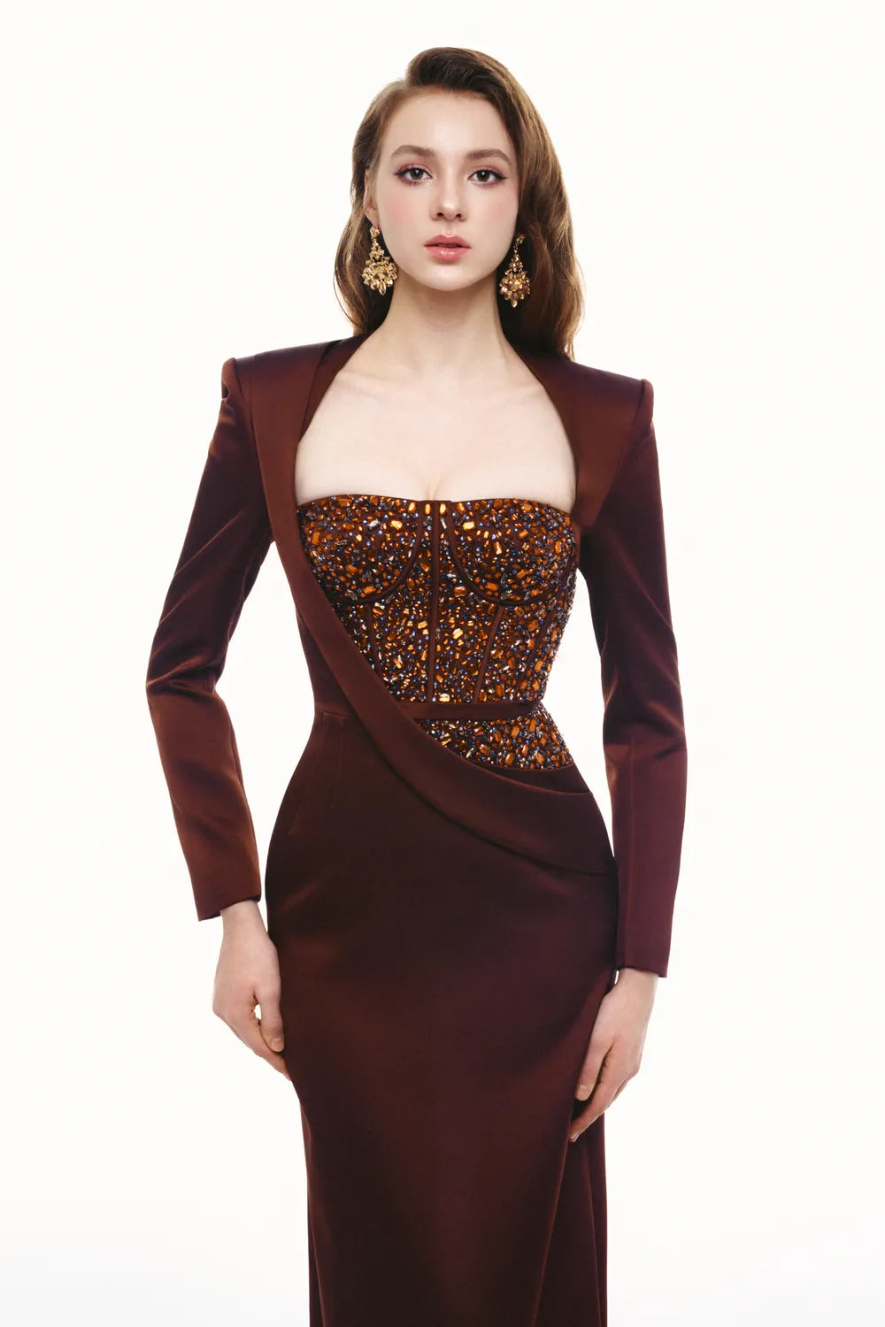 Shining Crystal Embellished Long Sleeve Dress