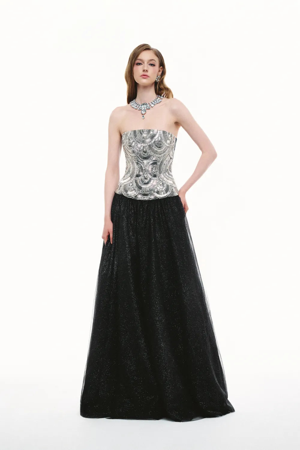 Stylized Fan-Shaped Embellishment Flared A-line Dress