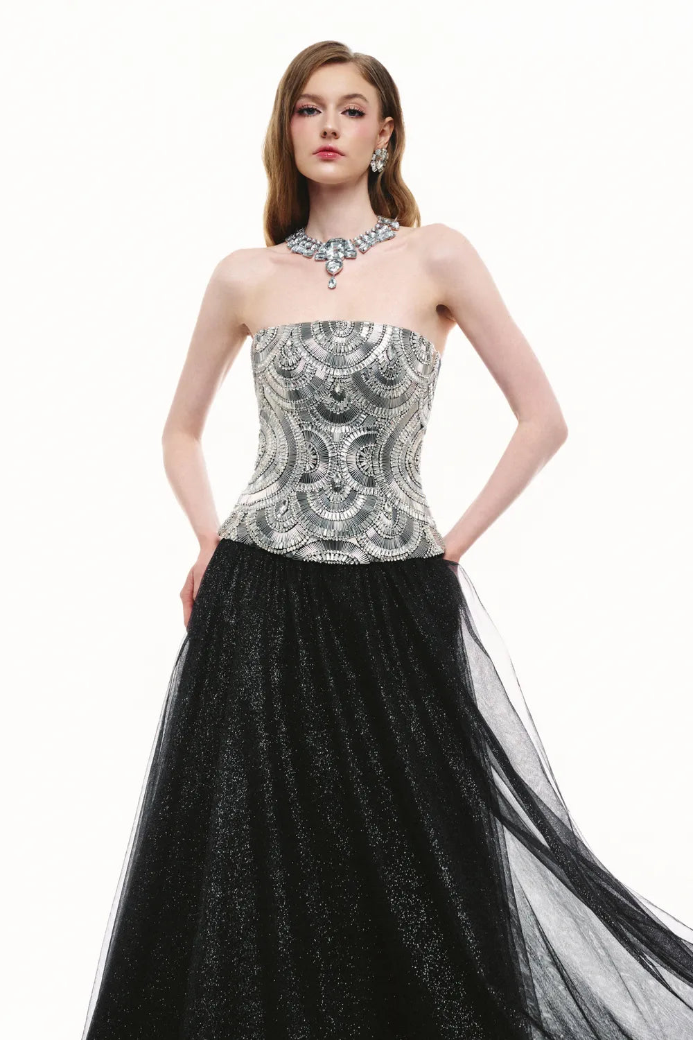 Stylized Fan-Shaped Embellishment Flared A-line Dress