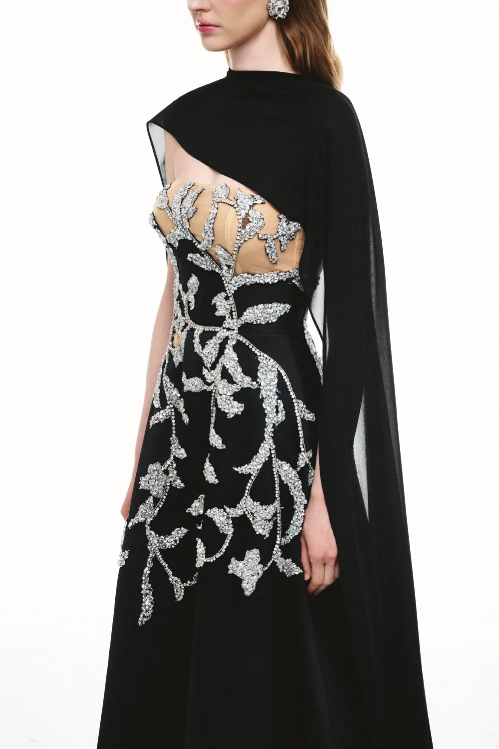 High Neck Leaf And Branches Crystal Embellished Dress