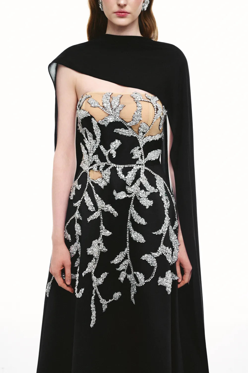 High Neck Leaf And Branches Crystal Embellished Dress