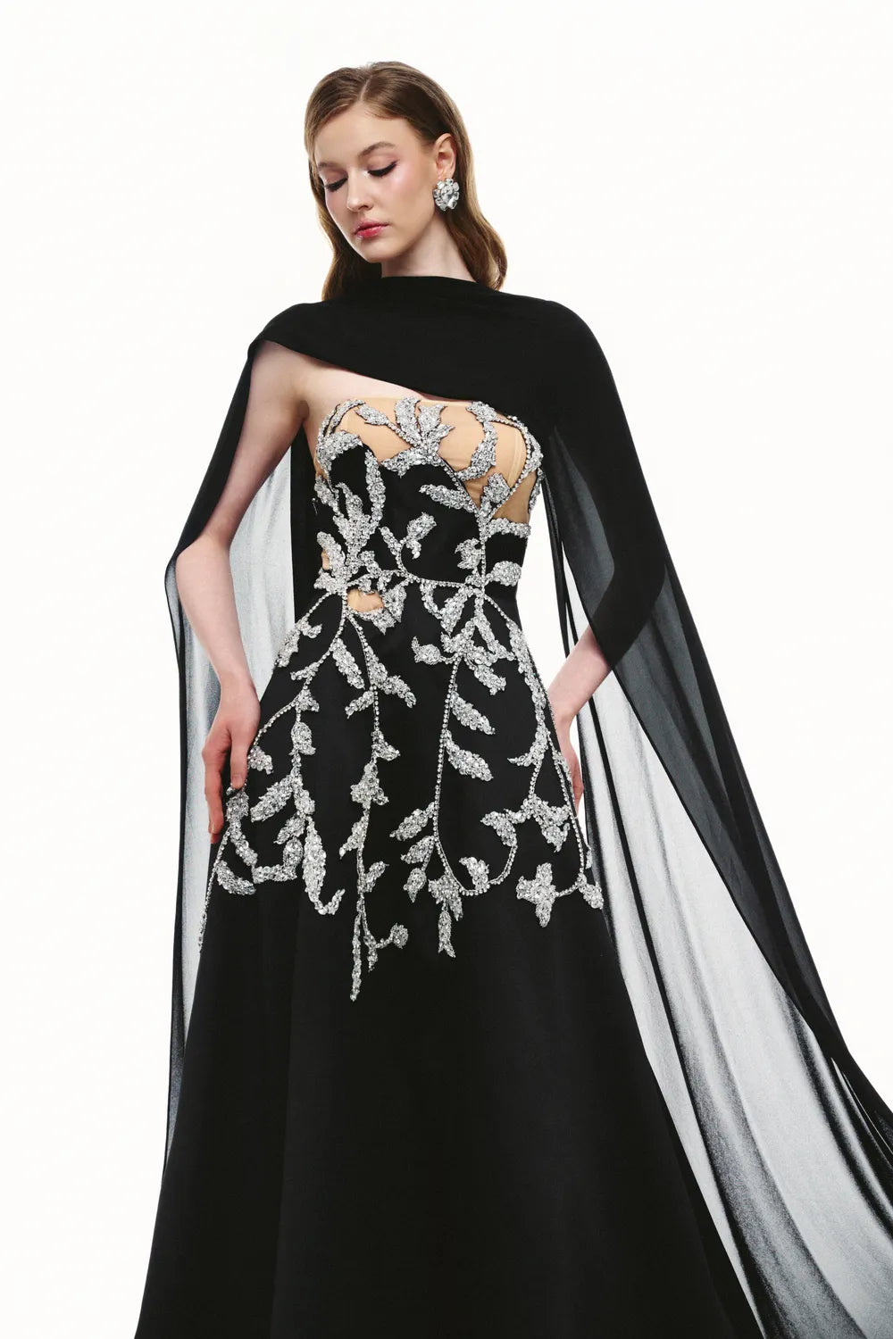 High Neck Leaf And Branches Crystal Embellished Dress