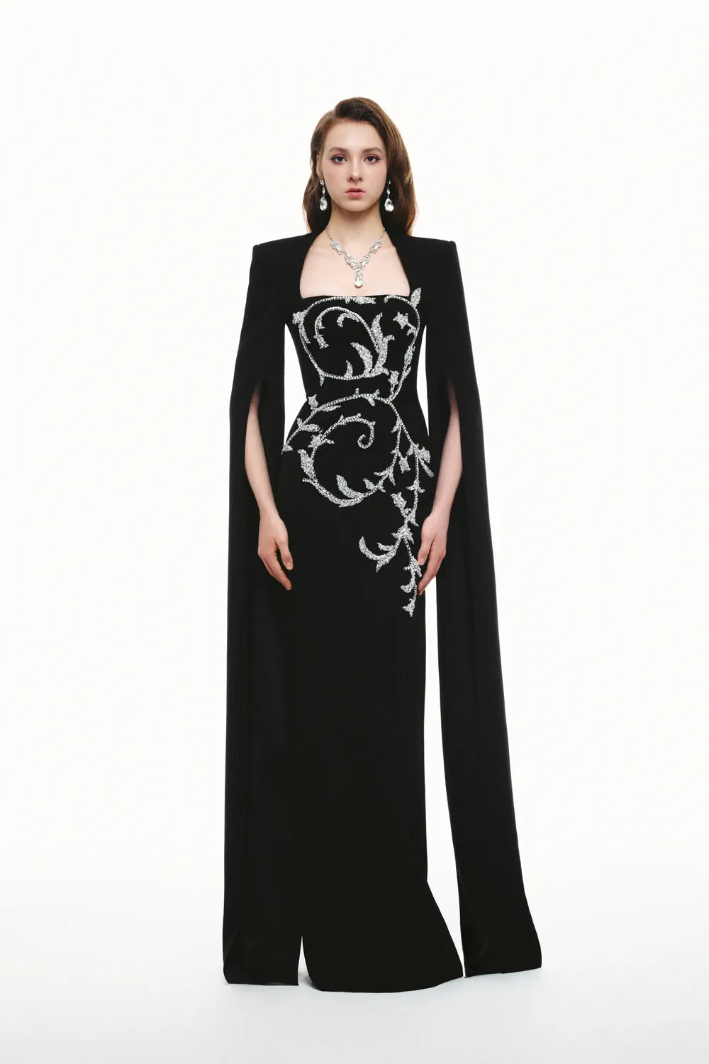 Trapezoid Neckline Stylized Leaf And Branches Crystal Embellished Dress