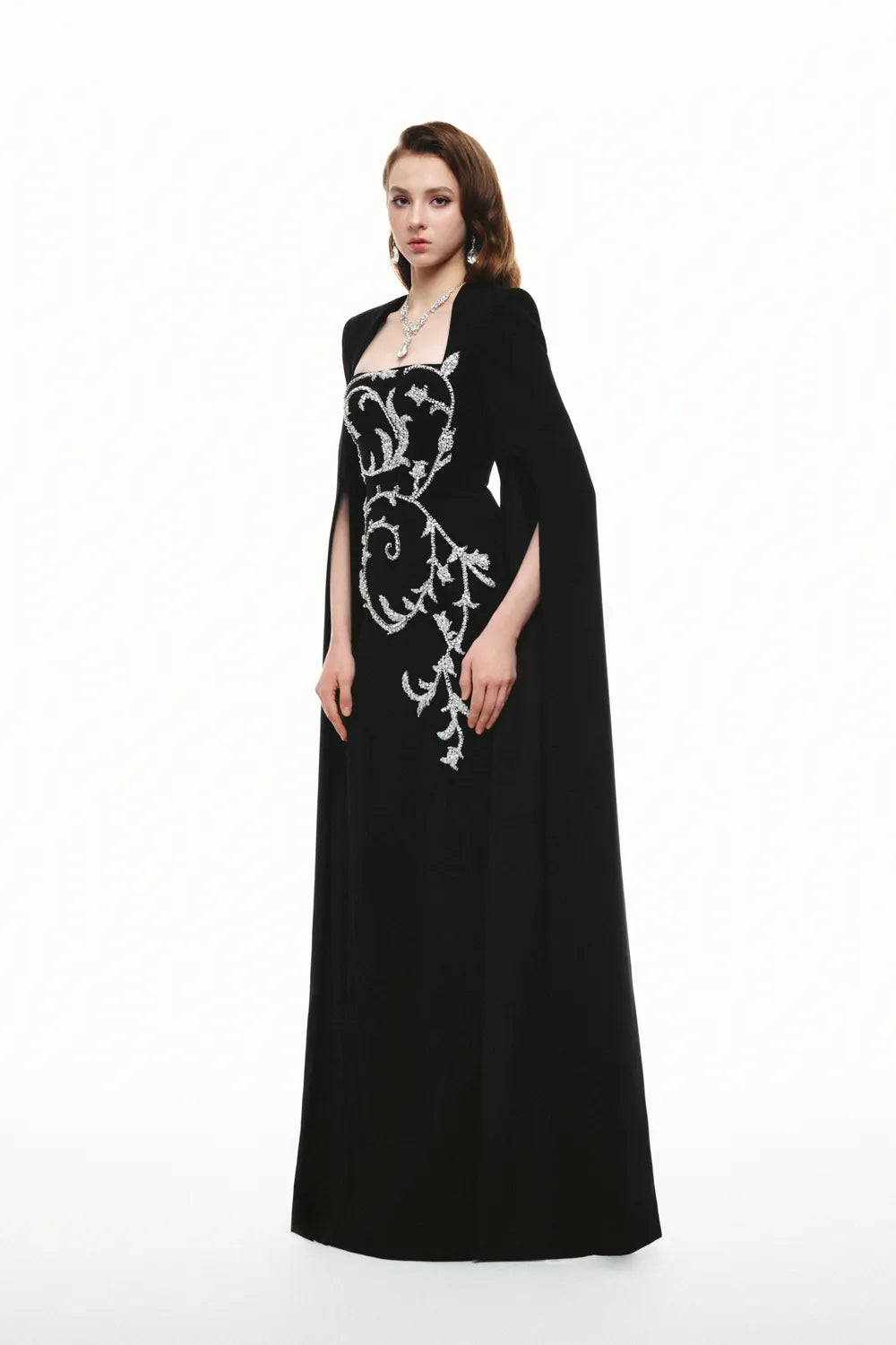 Trapezoid Neckline Stylized Leaf And Branches Crystal Embellished Dress