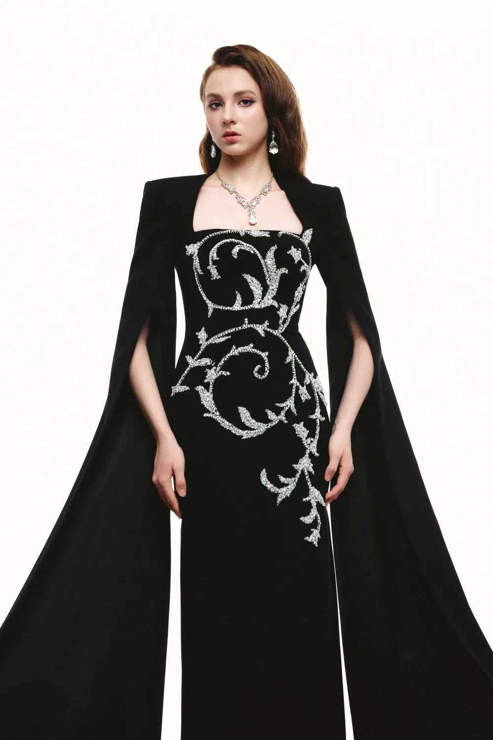 Trapezoid Neckline Stylized Leaf And Branches Crystal Embellished Dress