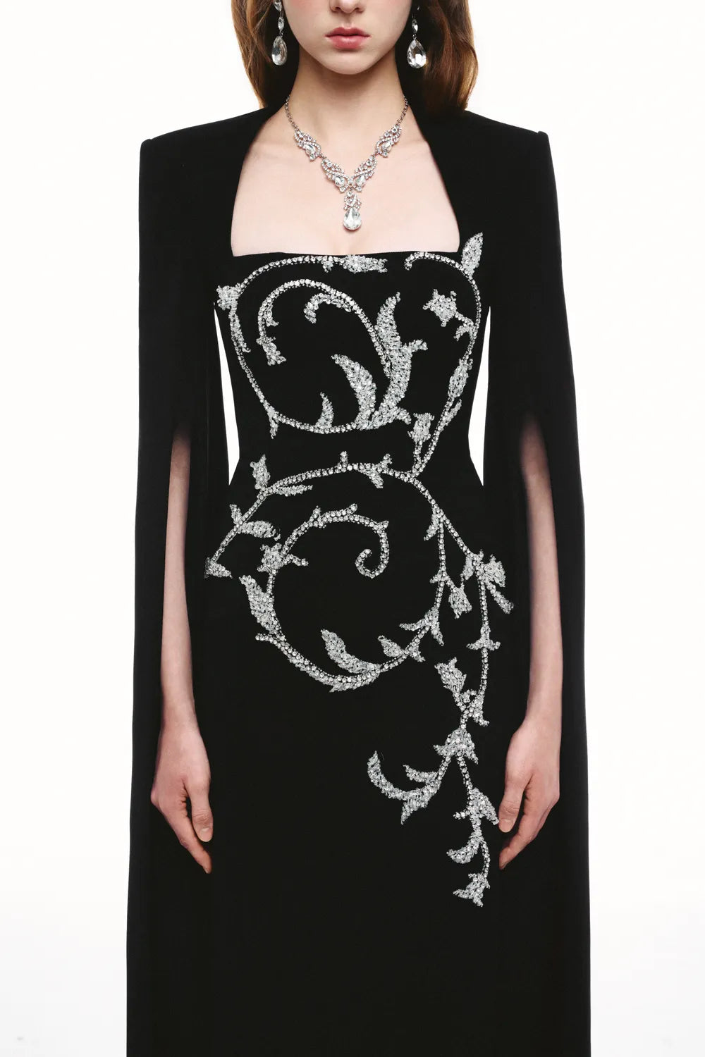 Trapezoid Neckline Stylized Leaf And Branches Crystal Embellished Dress