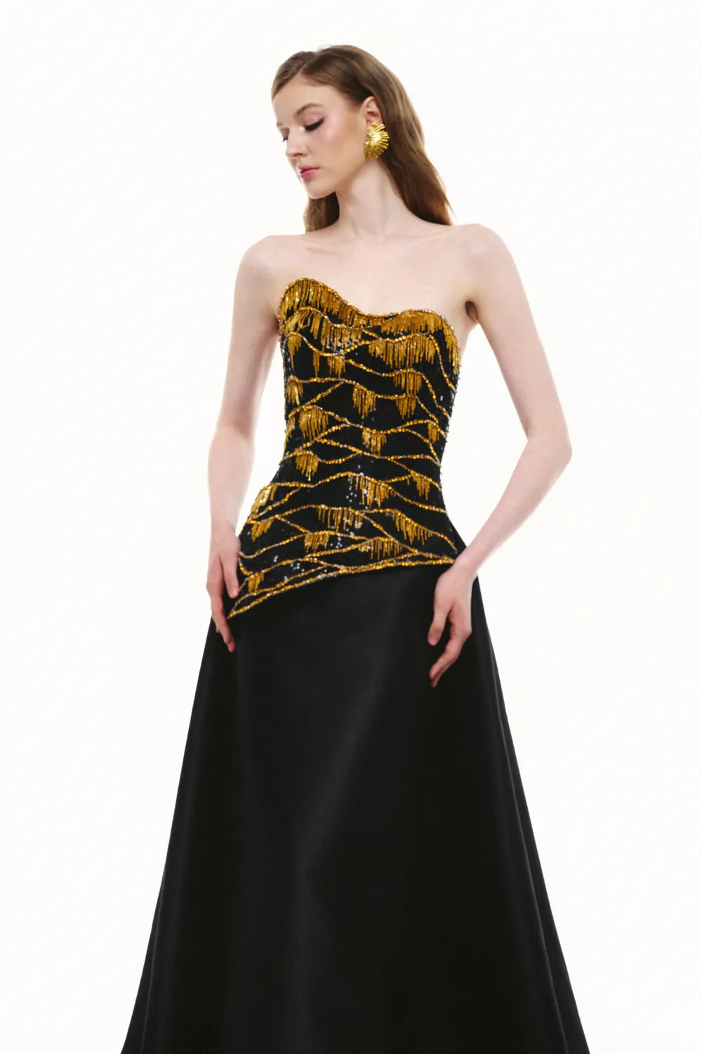 Wavy Chestline Sides Flared Skirt Flap Dress - TRACY COUTURE