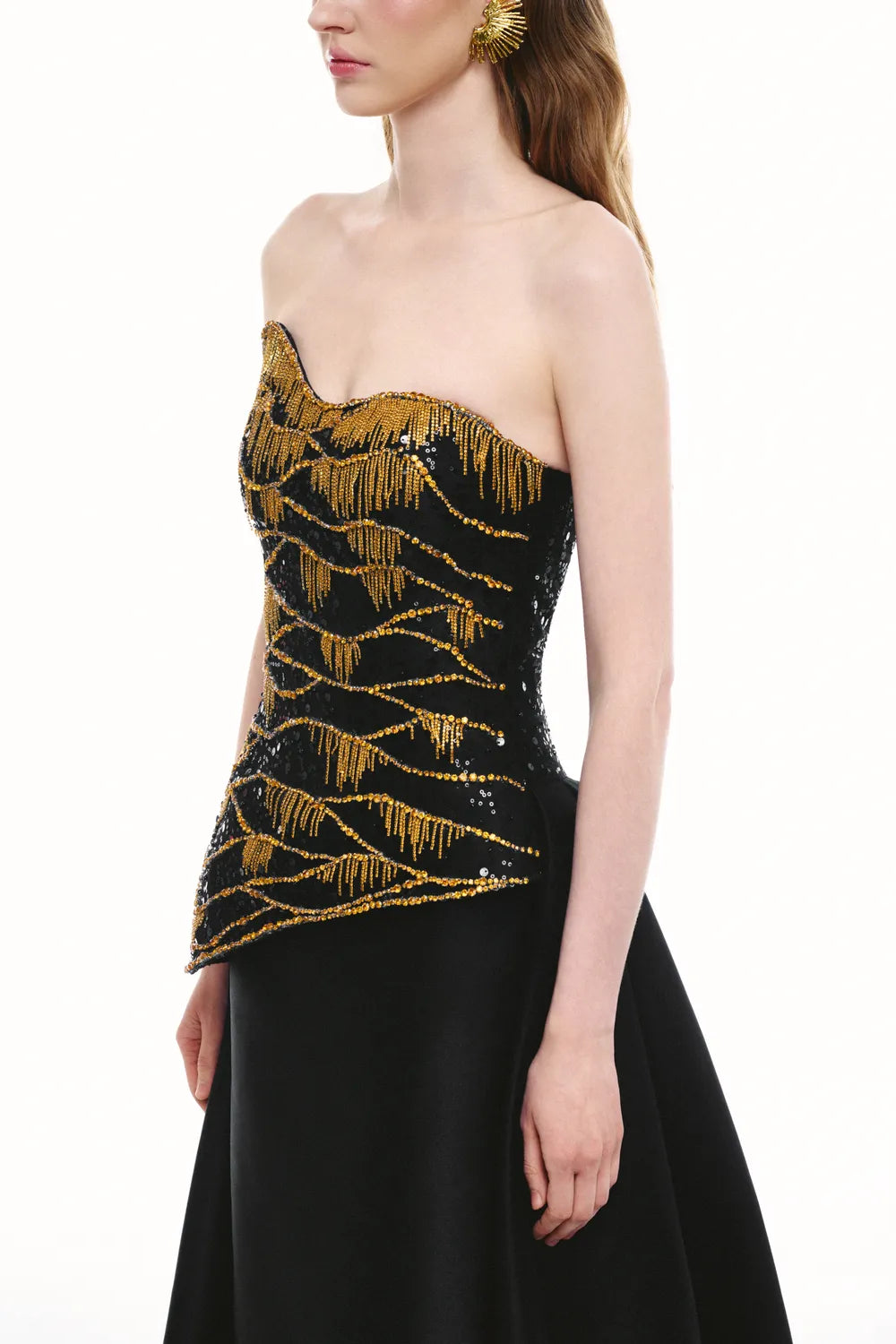Wavy Chestline Sides Flared Skirt Flap Dress - TRACY COUTURE