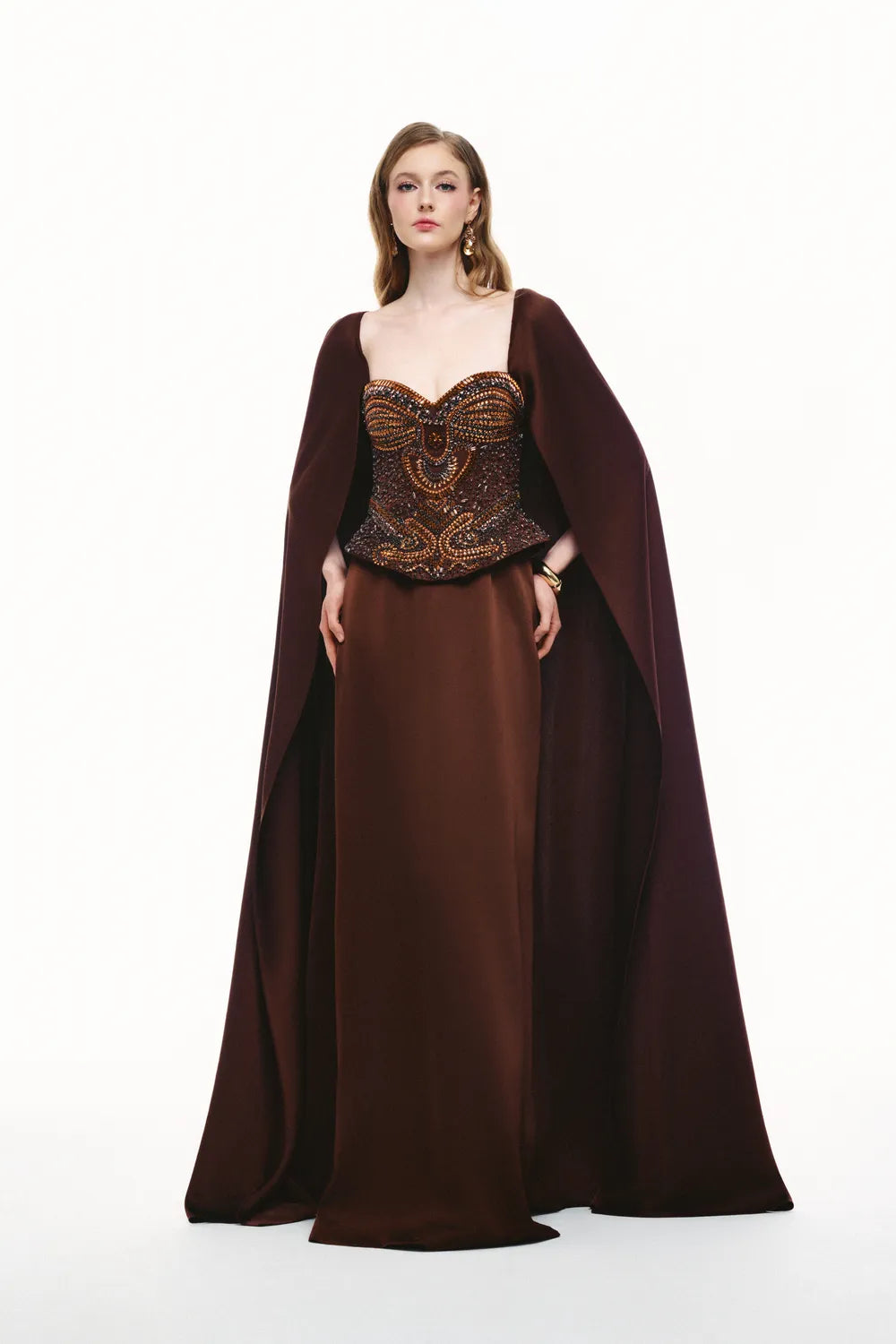 Crystal Embellished Corset Top Long Cape Sleeves Dress