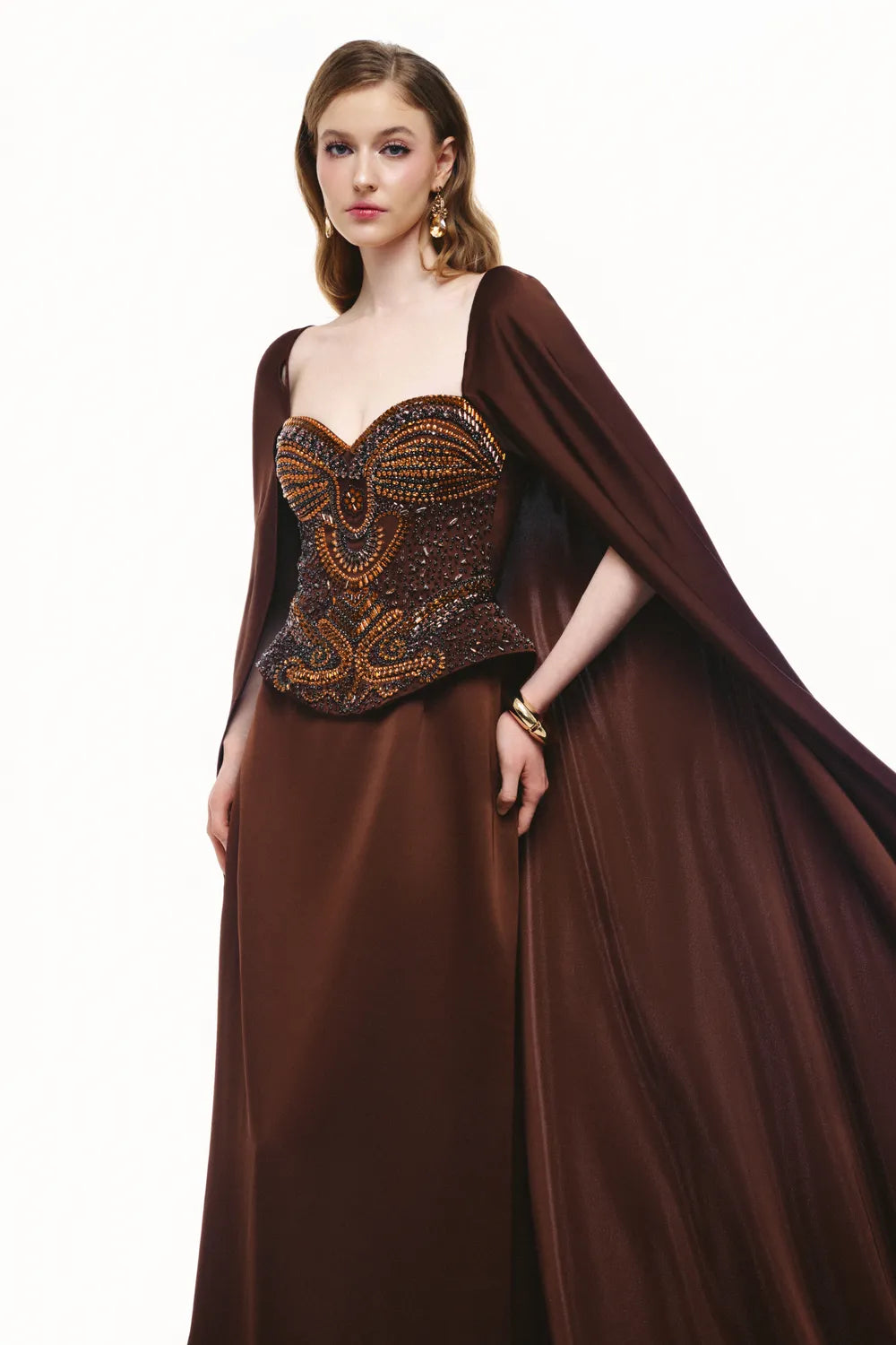 Crystal Embellished Corset Top Long Cape Sleeves Dress