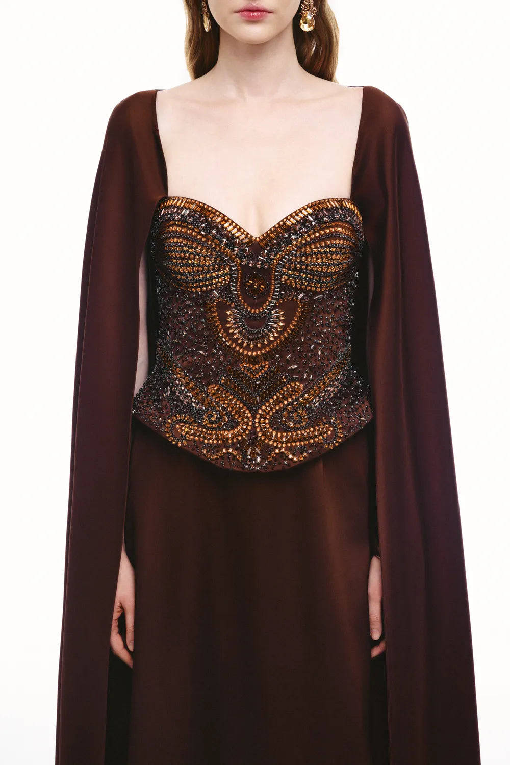 Crystal Embellished Corset Top Long Cape Sleeves Dress