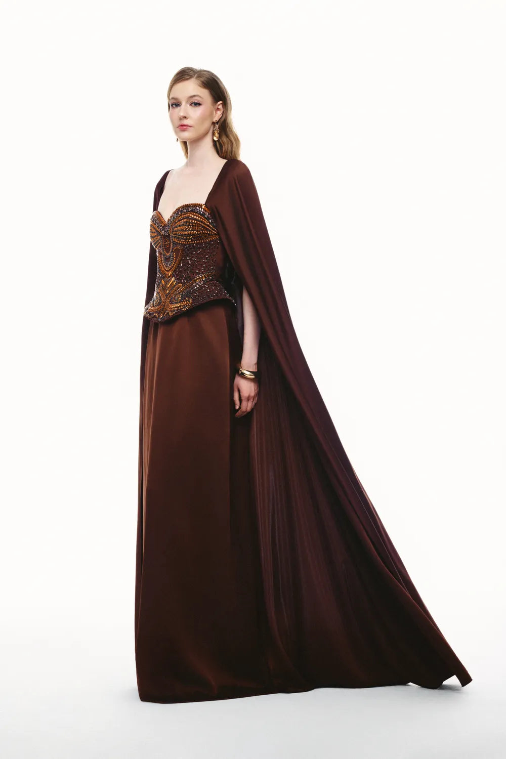 Crystal Embellished Corset Top Long Cape Sleeves Dress