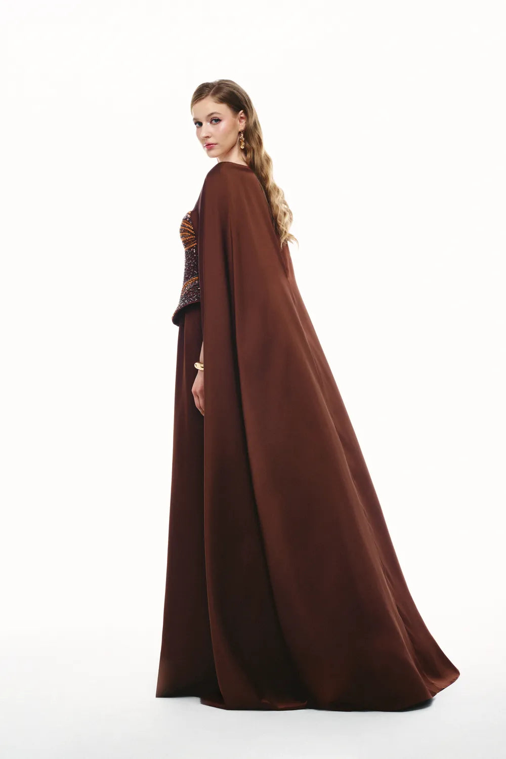Crystal Embellished Corset Top Long Cape Sleeves Dress