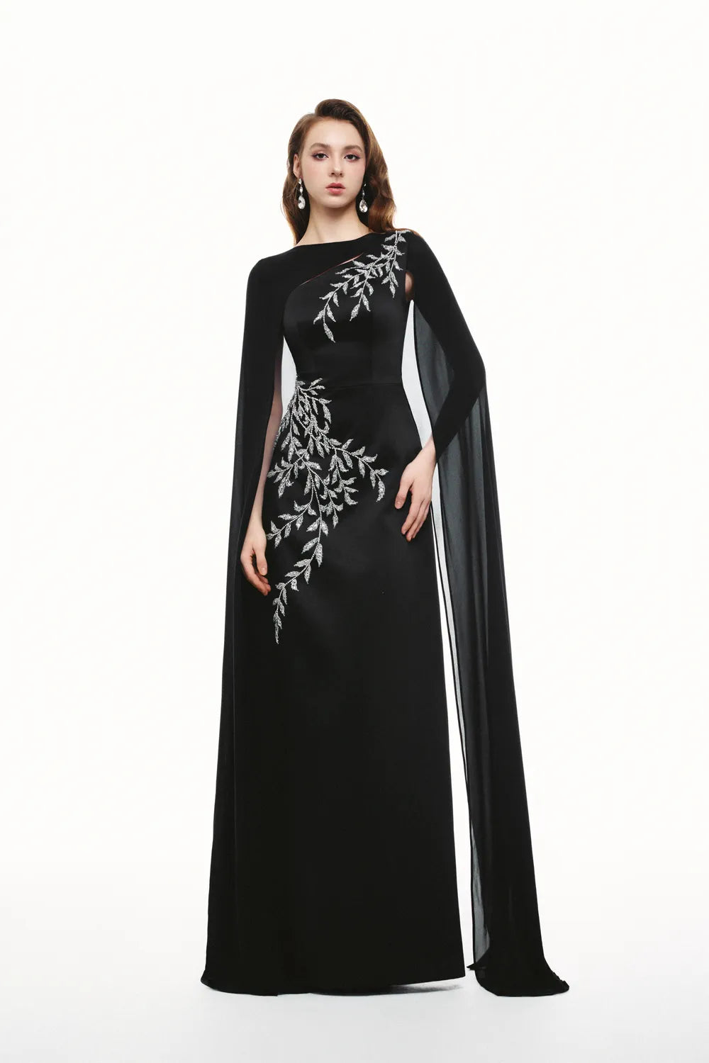 Asymmetric Crystal Embellished Flowing Cape Sleeves Dress