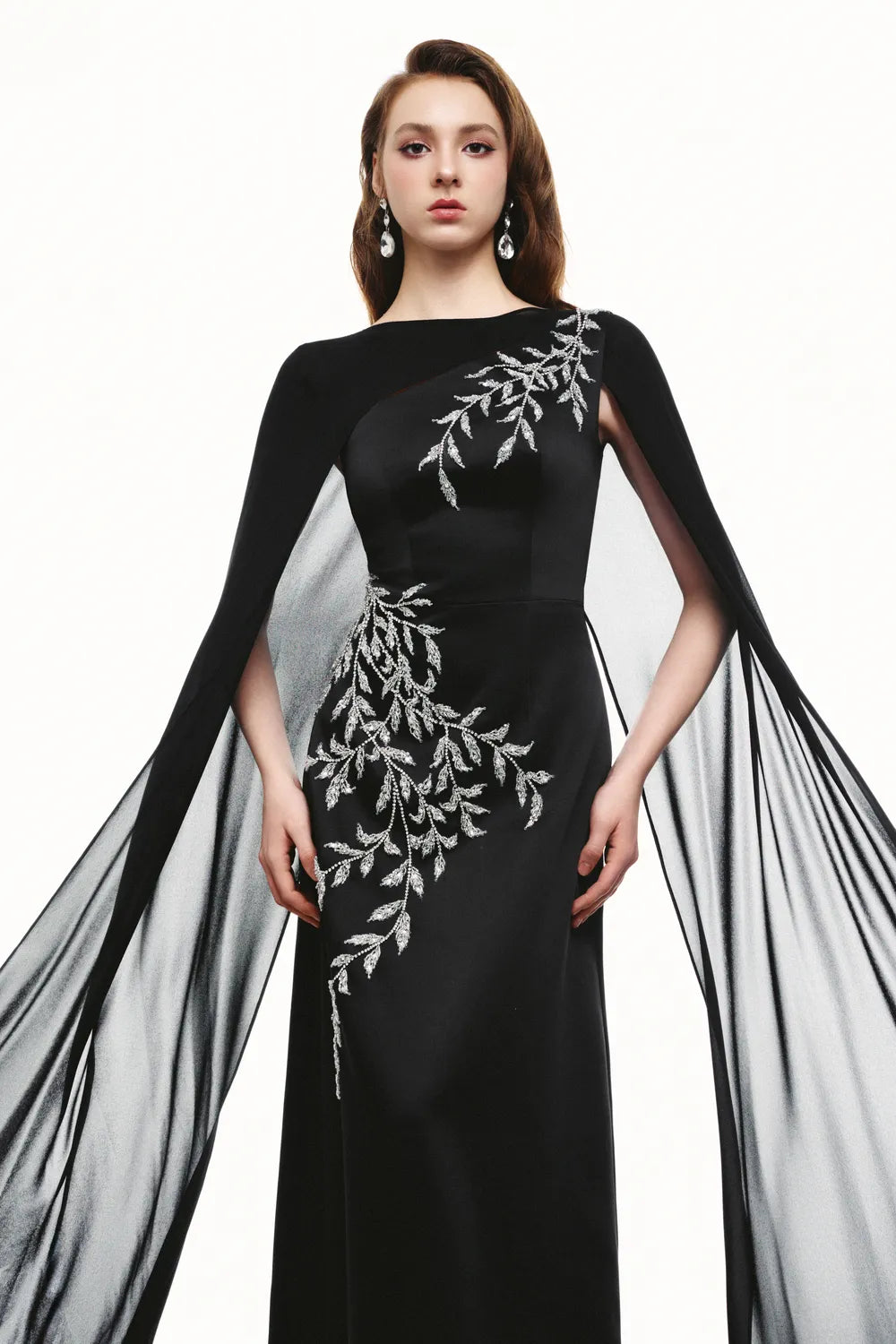 Asymmetric Crystal Embellished Flowing Cape Sleeves Dress