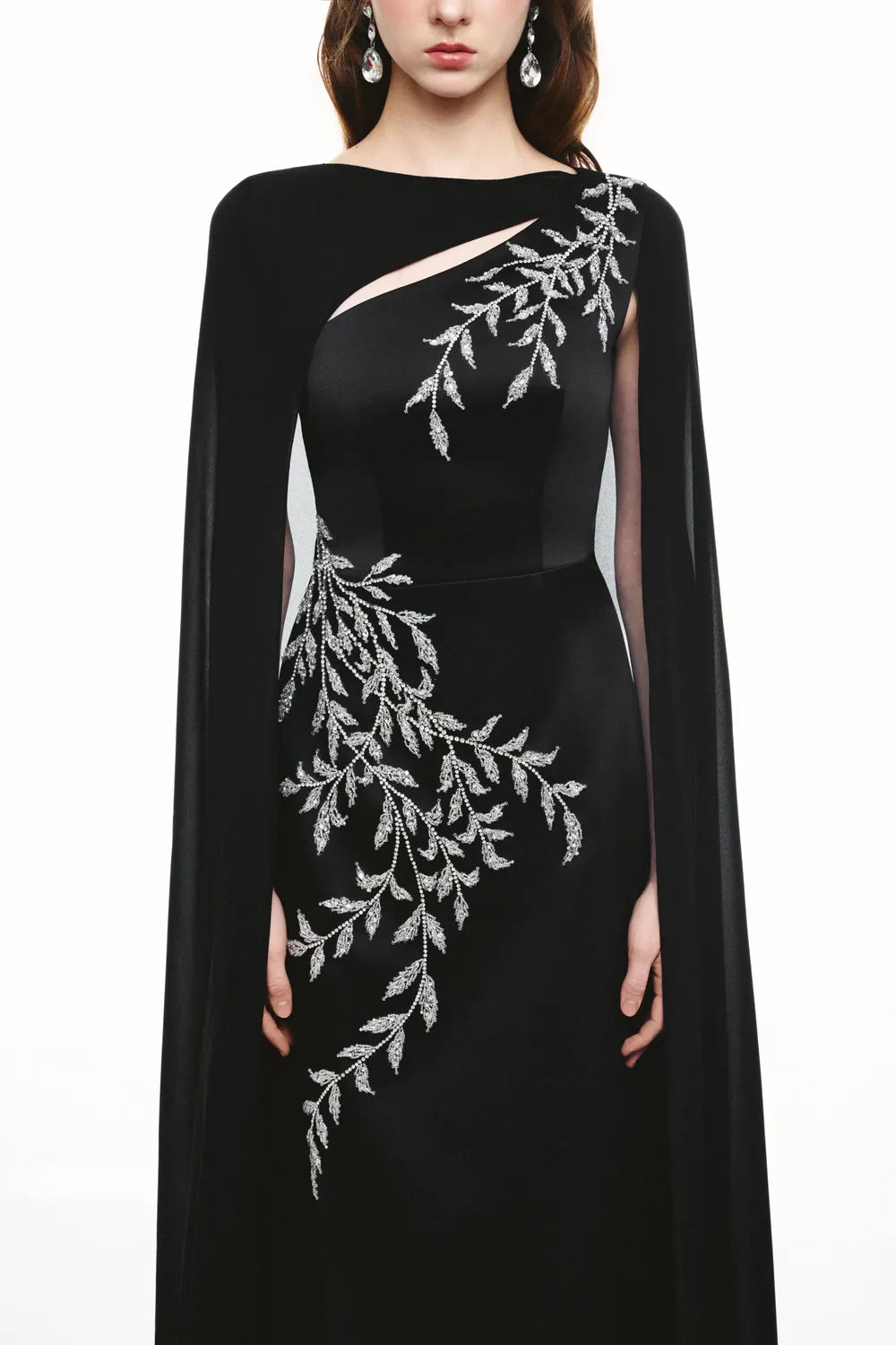 Asymmetric Crystal Embellished Flowing Cape Sleeves Dress