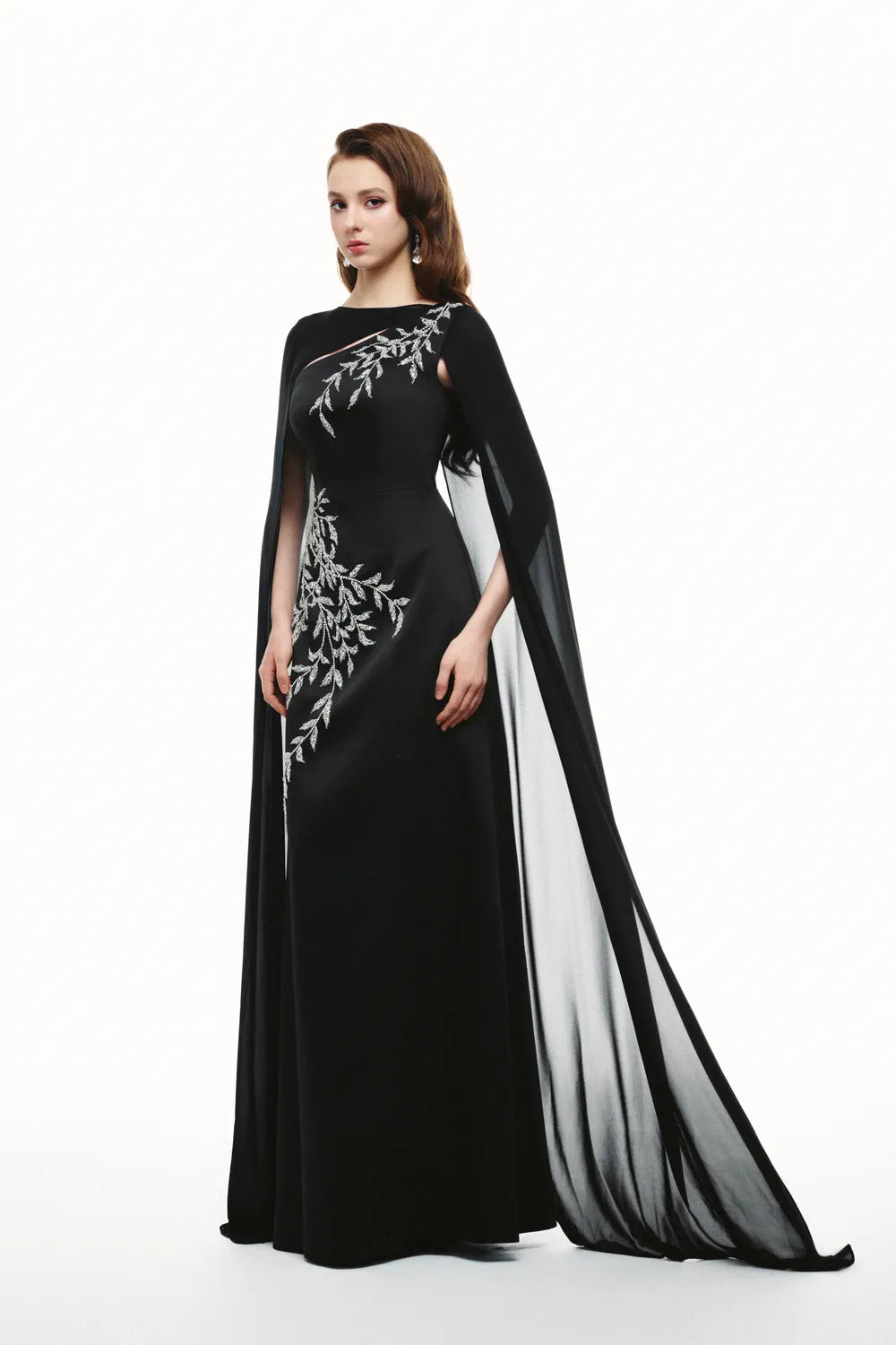 Asymmetric Crystal Embellished Flowing Cape Sleeves Dress