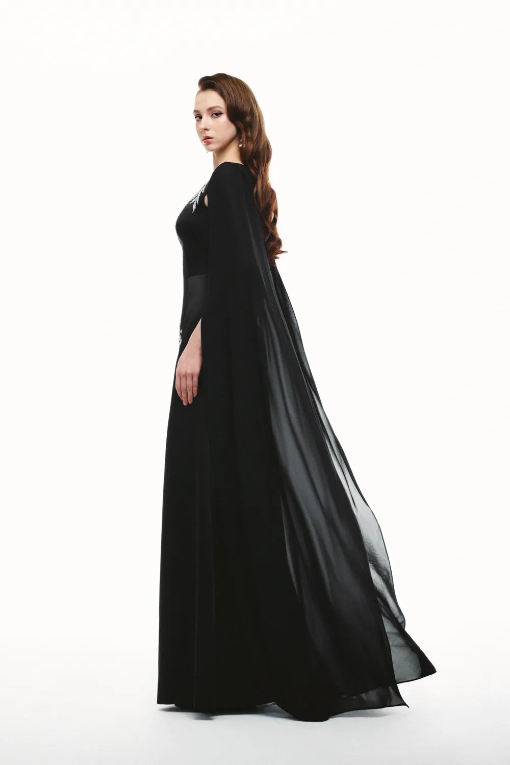 Asymmetric Crystal Embellished Flowing Cape Sleeves Dress