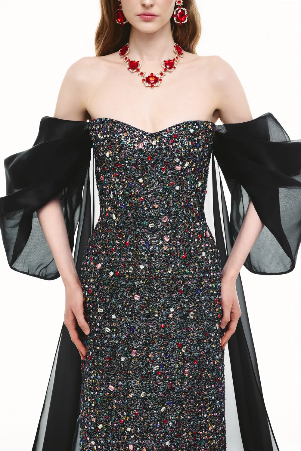 Puffy Draped Sleeves Strapless Crystal Dress